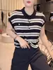 Camiseta de Manga Corta Rayada de Seda de Hielo Nueva de Verano 2026 para Mujer, Cuello Polo, Corte Holgado, Top de Punto Adelgazante, Top Versátil para Mujer