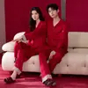 Seda de hielo primavera y otoño manga larga pantalón largo rojo festivo año zodiacal cuello solapa cárdigan nuevo conjunto de ropa de boda para el hogar
