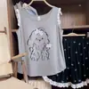 Pijama de regata e shorts de verão para mulheres, sem mangas, fino, estilo coreano, tamanho grande, conjunto de roupa de casa soltinha com bojo