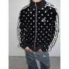 Chaqueta retro de gamuza con puntos reflectantes y cuello alto para hombre y mujer, estilo nuevo con patchwork de tres rayas, cárdigan con cremallera, top casual holgado