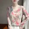 Camiseta Base de Punto Fina de Manga Larga para Mujer, Estilo Nuevo de Primavera y Otoño, Cuello Redondo, Lyocell Tencel, con Diseño Estampado de Tinte de Tinta Tie-Dye, Protector Solar