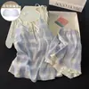 Conjunto de Pijama de Algodón Nublado Estilo Coreano Cuadros Azules y Blancos para Mujer con Tirantes de Lazo y Shorts, Incluye Copas en el Pecho, para Adolescentes, Casual