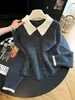 Suéter de tricô de alta qualidade para mulheres, estilo francês com gola polo color block, cardigã de duas peças falsas com caimento solto para outono/inverno