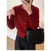 Nuevo suéter de lana pura para otoño e invierno, cárdigan clásico de cuello redondo para mujer de manga larga, abrigo casual ajustado, prenda exterior corta estilo coreano