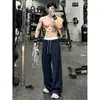 Pantalones deportivos de chándal azul marino para hombre, color otoñal, bloques de color, cintura elástica, estilo americano para gimnasio, pantalones casuales de pierna ancha y caída fluida