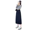 Saia jeans com fenda para mulheres, verão 2026, fina, cintura alta, modeladora, azul jeans, saia bodycon evasê, comprimento médio