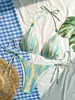 Bikini Europeo y Americano Nuevo Transfronterizo Tallas Grandes Tie-Dye Textura Plisada Tirante Halter Correa Lateral con Nudo Abalorios Traje de Baño Dividido para Mujer