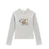 Camiseta de manga comprida com gola redonda e estampa de cachorrinho estilo cartoon coreano para mulheres, novo top versátil slim fit para primavera e outono para meninas estilosas