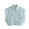 Camisa de Verano Nueva para Mujer Estilo Europeo y Americano con Decoración de Bolsillo Grande 9700