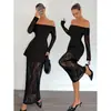 Vestido Largo Transfronterizo para Mujer, Elegante y Sexy, Color Sólido, Encaje Patchwork, Hombros Descubiertos, Ceñido a la Cintura, Adecuado para Citas Nocturnas o Ropa Formal