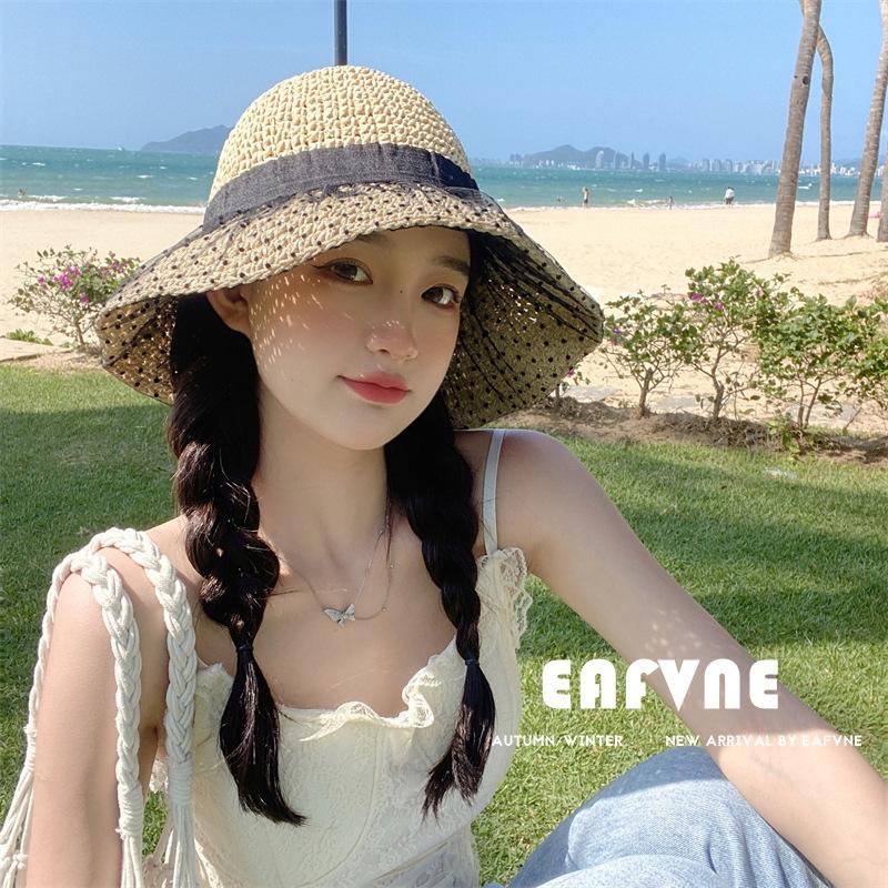 法式洋气波点网纱镂空渔夫帽遮阳帽子女草帽盆帽度假旅行水桶帽