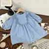 Vestido de mezclilla ins personalizado para niñas 2026 Otoño Nuevas Llegadas Vestido Dulce de Princesa para Bebé Niña Encaje Mangas Abullonadas Estilo Coreano
