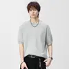 2026 Nueva Camiseta de Punto de Color Sólido de Manga Corta para Hombre Verano Holgada Moderna de Media Manga Camisa Base Top Versátil Ins