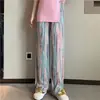 Calça larga tie-dye drapeada para mulheres, calça xadrez de perna reta de seda gelada de cintura alta, calça casual que faz as pernas parecerem mais longas, estilo retro artístico