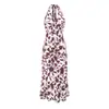 Vestido Longo Estampado Sexy Gola Halter com Amarração em V, Estilo Europeu e Americano, Novo Estilo de Verão, Ajustado na Cintura, Caimento Slim, Estilo Hot Girl