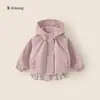 Jaqueta de Outono Bangxuan para Crianças Moletom com Capuz Rosa Patchwork Renda para Meninas Roupas de Outono para Bebês Roupas Infantis de Huzhou Zhili