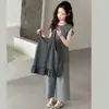 Conjunto de Verão Xadrez para Meninas 2026 Novo Estiloso Regata sem Manga e Calça de Cintura Alta Conjunto de Três Peças