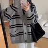 Cárdigan suéter a rayas casual de cuello en V estilo coreano para mujer, nuevo top de punto versátil de corte holgado para otoño e invierno para mujer