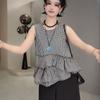2025 Verano Nuevo Estilo Coreano Moda Versátil Cuello Redondo Bajo Irregular Encaje Cuadros Chaleco Camisa Top de Mujer