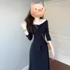 Vestido Elegante de Renda Patchwork Estilo Coreano para Outono e Inverno, Vestido Longo A-Line Slimming de Cintura Alta para Camadas, Transfronteiriço
