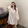 Camisón blanco para mujer talla grande Primavera y Verano Gasa Manga larga Delgado Estilo novio Camisa blanca Popular en Internet Estilo de largo medio para dormir
