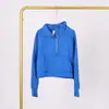 Moletom Lulu com Gola Alta e Meio Zíper com Etiqueta, Em Estoque Entrega Direta, Etiqueta Dourada, Zíper Dourado, Moletom Casual Solto Curto de Fleece