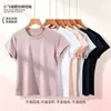 Camiseta de algodón acanalado de manga corta con pequeñas mangas volantes, corte ajustado, cuello redondo, color liso, versátil, suave y amigable con la piel, camiseta básica, suministro de fábrica