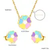 Pendientes y Collar de Flor Colorida de Acero Inoxidable Europeos y Americanos Transfronterizos, Chapado en Oro de 18 Quilates, Moderno, Dulce, Sencillo, Juego de Joyería para Mujer