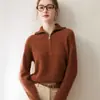 100% Caxemira Pura Outono/Inverno Novo Estilo Feminino Meio Zíper Gola Meia Aberta Tricô Camada Base Suéter Retrô