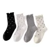 Calcetines Sin Costuras para Mujer Primavera Estilo Japonés Malla Floral Transpirables Algodón Medio-Alto con Borde de Burbujas Calcetines con Volantes
