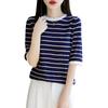 2025 Nuevo Verano Tencel Lyocell Cuello Redondo Tejido de Punto Manga Tres Cuartos para Mujer Jersey a Rayas con Bloques de Color Camiseta Básica