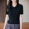 Camiseta de Punto de Algodón Puro Estilo Nuevo Ajuste Delgado Cuello Polo Retorcido Manga Corta para Mujer Camiseta Casual para Mujer
