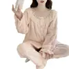Pijama de Terciopelo Coral para Mujer en Otoño e Invierno Estilo Dulce de Princesa Encaje Manga Larga Forro Polar Engrosado Cálido Conjunto de Ropa para el Hogar