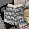 Pantalones cortos de punto a cuadros estilo Chanel para hombre, verano, finos, retro americano, de cinco puntos, ropa exterior, pantalones de playa, pantalones deportivos de longitud media