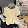 Nuevo Suéter de Punto Calado en Contraste Estilo Coreano Cuello Redondo Manga Corta Camiseta para Mujer Verano Nicho Retro Chic Top Trendy
