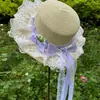 Sombrero de Paja Estilo Lolita a Cuadros Multicolor, Versátil Japonés Beige Fresco Pastoral Azul Claro Dulce Lazo Sombrero de Sol