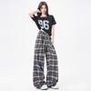 Otoño e Invierno Nuevos Pantalones Casuales a Cuadros Sueltos de Cintura Alta y Pierna Ancha para Mujer Otoño Perezoso Adelgazantes a Cuadros Pantalones Hasta el Piso