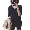 2025 Primavera/Verano Nueva Camiseta de Manga Corta Holgada Estilo Coreano para Mujer Cuello en V Color Sólido Top de Punto Ropa Versátil para Mujer