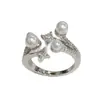 Anel Aberto Estrela Pérola Zircônia Moda de Nicho para Mulheres, Elegante e Luxuoso, Versátil com um Toque de Alto Padrão, Anel Super Brilhante para Dedo Indicador Atacado