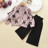 Conjunto de Duas Peças Cardigan Suéter com Laço + Calça Wide Leg Tricô de Lã Conjunto de Suéter de Outono para Menina para Usar por Cima