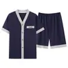 Nuevo Cárdigan Talla Grande Pijama para Hombre Cuello en V Manga Corta Pantalones Cortos Estilo Delgado Otoño y Verano Casual Transpirable Ropa para el Hogar que se Puede Usar Afuera