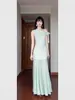 Vestido de Malla Patchwork Verde Estilo Francés de Moda para Mujer, Nuevo Modelo de Verano, Estilo Vacaciones en la Costa, Fresco y Rejuvenecedor, Vestido Bodycon