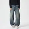 Jeans retro americanos de corte curvo azul lavado desgastado para hombre, nuevo estilo de otoño, pantalones rectos holgados de pierna ancha