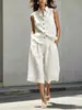 Conjunto Feminino Europeu e Americano Transfronteiriço Amazon Novo Estilo Sem Mangas Lapela Botão Casual Cor Sólida Camisa e Calça Cropped Algodão-Linho
