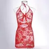 Pijama Sexy de Renda e Tule Transparente Sexy Rosa Tentação Transfronteiriça Quente Decote V Alça Fina Camisola 8169
