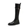 Couro Genuíno ~ Fivela de Cinto Jiao Yu Botas de Cavaleiro Estilo Britânico Retrô Botas Longas Marrom Emagrecedoras Salto Grosso Acima do Joelho Botas Longas