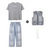 Roupas Hip-hop Modernas para Crianças Meninos e Meninas Jeans Cinza Largo Cool Manga Curta Calças de Hip-hop Infantil Fantasia de Performance