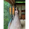 Vestido longo de verão retrô sexy com gola de rede tie-dye, cintura alta, corte justo, tipo camisola, para mulheres em tecido transparente