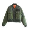 Jaqueta curta de piloto verde militar americana nova Outono 2023 feminina gola alta cardigã justo com zíper casaco acolchoado de algodão