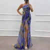 Vestido longo feminino com estampa de chiffon e fenda, modelo transfronteiriço 2024, para festa e lazer, para a Europa e os Estados Unidos